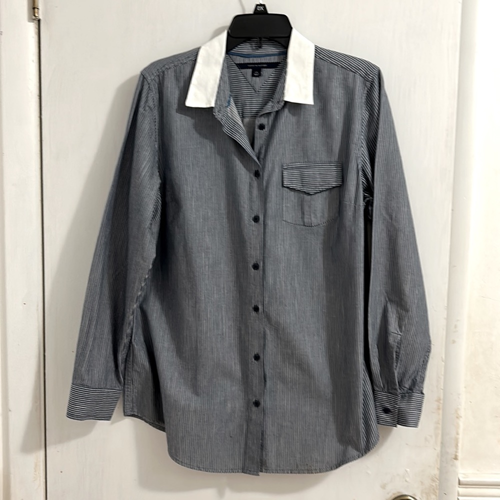 Vintage Tommy Hilfiger Blue Denim Ladies Long Sleeve Shirt with white stripes.